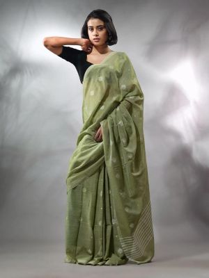 Grayish Green Pure Handloom Cotton Saree From Bengal
