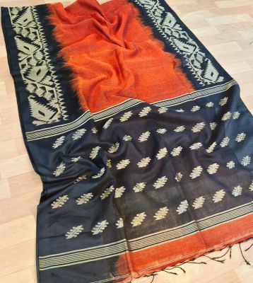 Orange Black Pure Handloom Linen By Linen Saree From Bengal