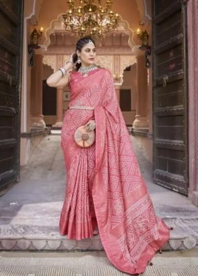 Rose Gold Pure Handloom Bandhani Silk Saree From Banaras