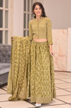 Light Brown Hand Block Printed Designer Top & Skirt With Mulmul Dupatta