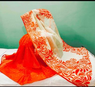 Red and white Pure Handloom Resham Kota Jamdani Flower Design Saree