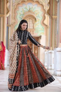 Hand Block Printed Designer Black Top & Brick Red Skirt With Cream Mulmul Dupatta