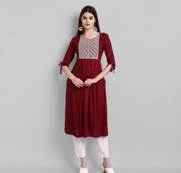 Red Embroidery Work Rayon Cotton Kurti