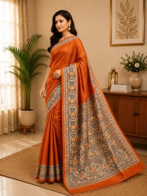 Orange Graceful Women Madhubani Pure Handloom Tassar Silk Saree