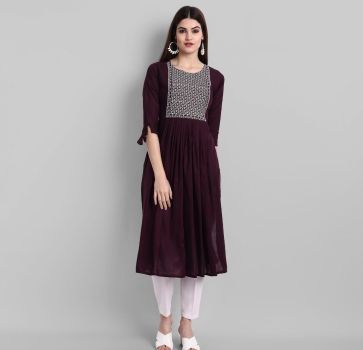 Maroon Embroidery Work Rayon Cotton Kurti