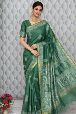 Green Organic Pure Handloom Beautifully Crafted Katan silk Saree From Bhagalpur