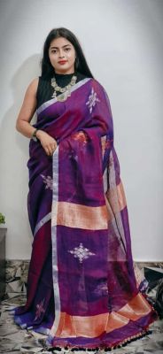 Purple Pure Handloom Linen By Linen Saree From Bengal