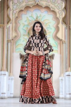 Warm Grey Hand Block Printed Designer Top & Red Skirt With Mulmul Dupatta