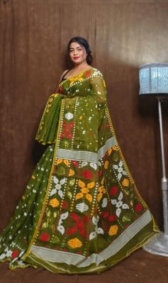 Fern Green Pure Handlloom Dhkai Jamdani Saree From Bengal