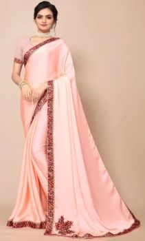 Baby Pink Plain Body Chiffon Saree From Banaras