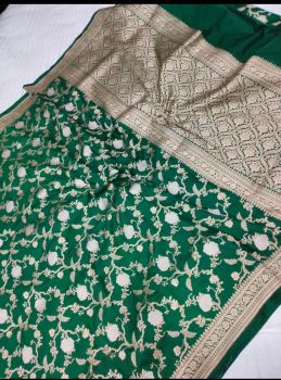 Green Banarasi Silk Saree With Zari Border From Banaras