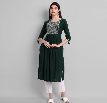 Green Embroidery Work Rayon Cotton Kurti