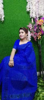 Dark Blue Silk Cotton Saree Flower Design Saree From Bengal