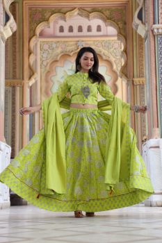 Light Green Hand Block Printed Designer Top & Skirt With Mulmul Dupatta