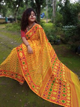 Red & Yellow Hajar Buti Jamdani Cotton Silk Saree