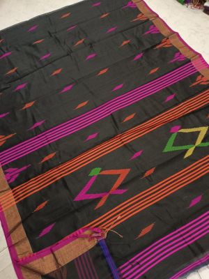 Black Pure Handloom Silk Cotton Saree From Bengal