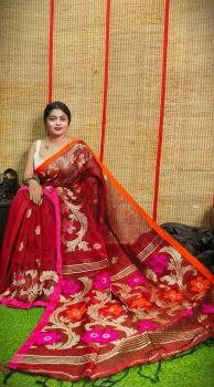 Brick Red Pure Handloom Organic Linen By Linen Saree From Bengal
