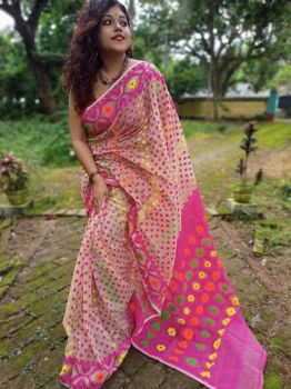 Light Brown & Pink Hajar Buti Jamdani Cotton Silk Saree