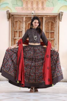 Brown Hand Block Printed Designer Top & Skirt With Mulmul Dupatta