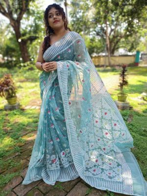 Cyan Pure Handloom Dhakai Jamdani Saree From Bengal