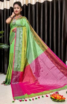 Parrot Green Pure Handloom Tissue Saree From Bengal