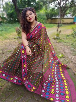Bottle Green & Pink Hajar Buti Jamdani Cotton Silk saree
