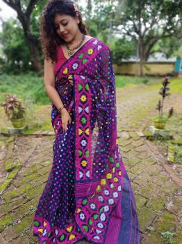 Blue & Pink Hajar Buti Jamdani Cotton Silk Saree