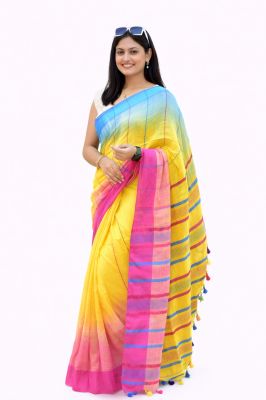 Pink Yellow Blue Ikkat Women's Hand Weaving Saree From Bengal
