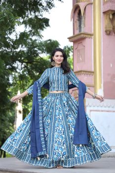 Blue Hand Block Printed Designer Top & Skirt With Mulmul Dupatta