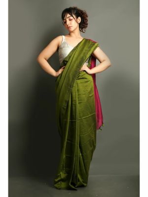Mehandi Green Pure Handloom Cotton Saree From Bengal