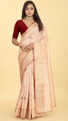 Cream Pure Handloom Silk Saree From Banaras
