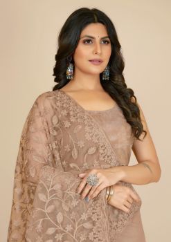 Beige Flower Design Embroidery Work Net Saree
