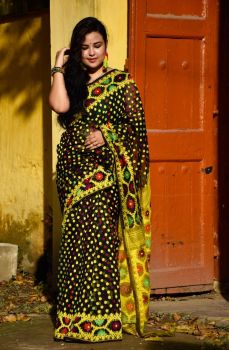 Black & yellow Hajar Buti Jamdani Cotton Silk saree