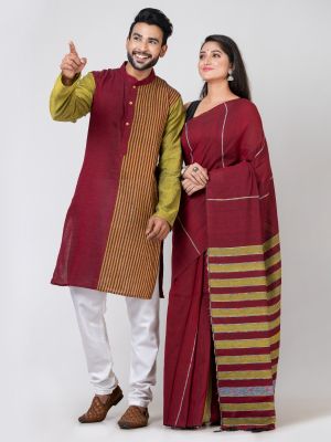 Maroon Mustard Pure Handloom Couple Set From Bengal