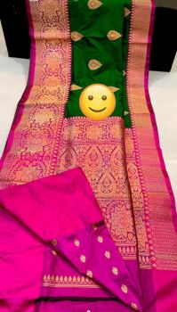 Green & Pink Banarasi Silk Handloom Saree From Banaras