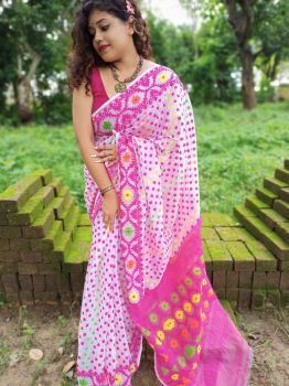 Pink & white hajar buti jamdani Cotton Silk saree