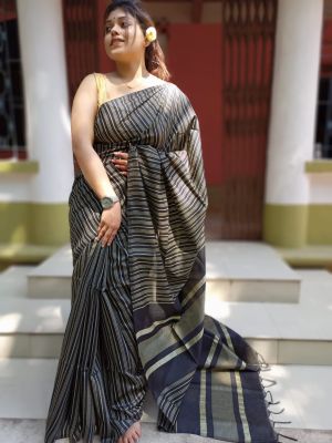 Tealish Blue Tussar Silk Pure Handloom Saree From Bengal