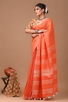 Light Orange Pure Handloom Linen Cotton Saree From Bengal