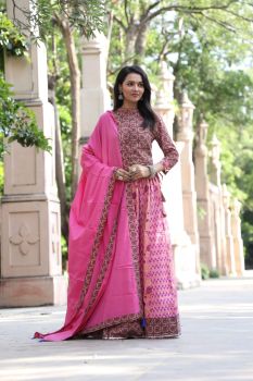 Pink Hand Block Printed Designer Top & Skirt With Mulmul Dupatta