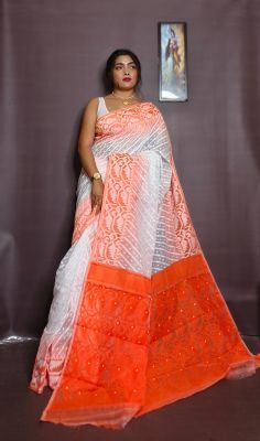 White Pure Handloom Ikkat Jamdani Saree From Bengal
