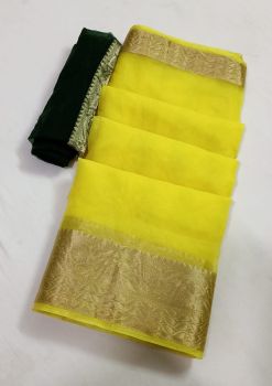 Yellow Plain Body Organza Saree