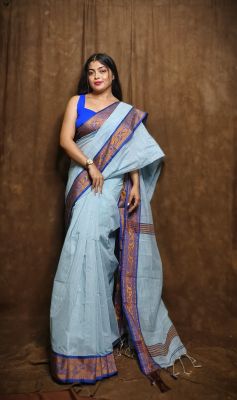 Slate Gray Pure Handloom Cotton Saree From Bengal