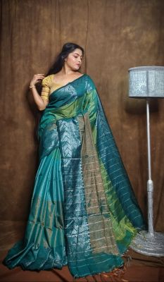 Teal Pure Handloom Tissue Saree From Bengal