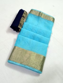 Sky Blue Plain Body Organza Saree