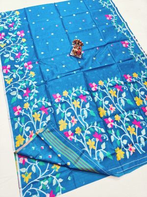 Sky Blue Pure Handloom Muslin Silk Saree From Bengal