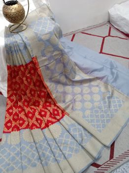 Red And Silver Silk Flower Design Saree