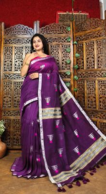 Purple Linen By Linen Pure Handloom Saree From Bengal