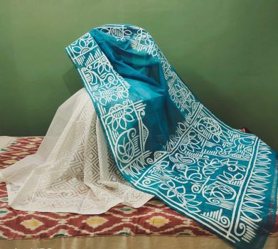 Sky Blue and Off white` Pure Handloom Resham Kota Jamdani Flower Design Saree