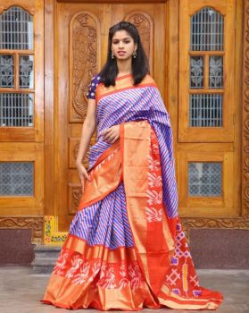 Purple Orange Flower Design Digital Print Cotton Saree