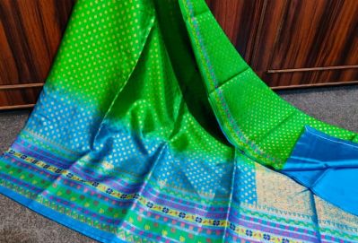 Parrot Green & Blue Pure Silk Saree From Banaras